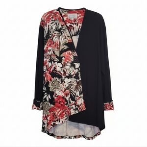 Studio Nouveau Black, Red, and White Floral Asymmetric Hem Stretch Jacket NWOT